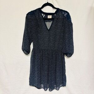 Pins and Needles dress black small polka dots floral Lace detail‎ Sheer V-neck